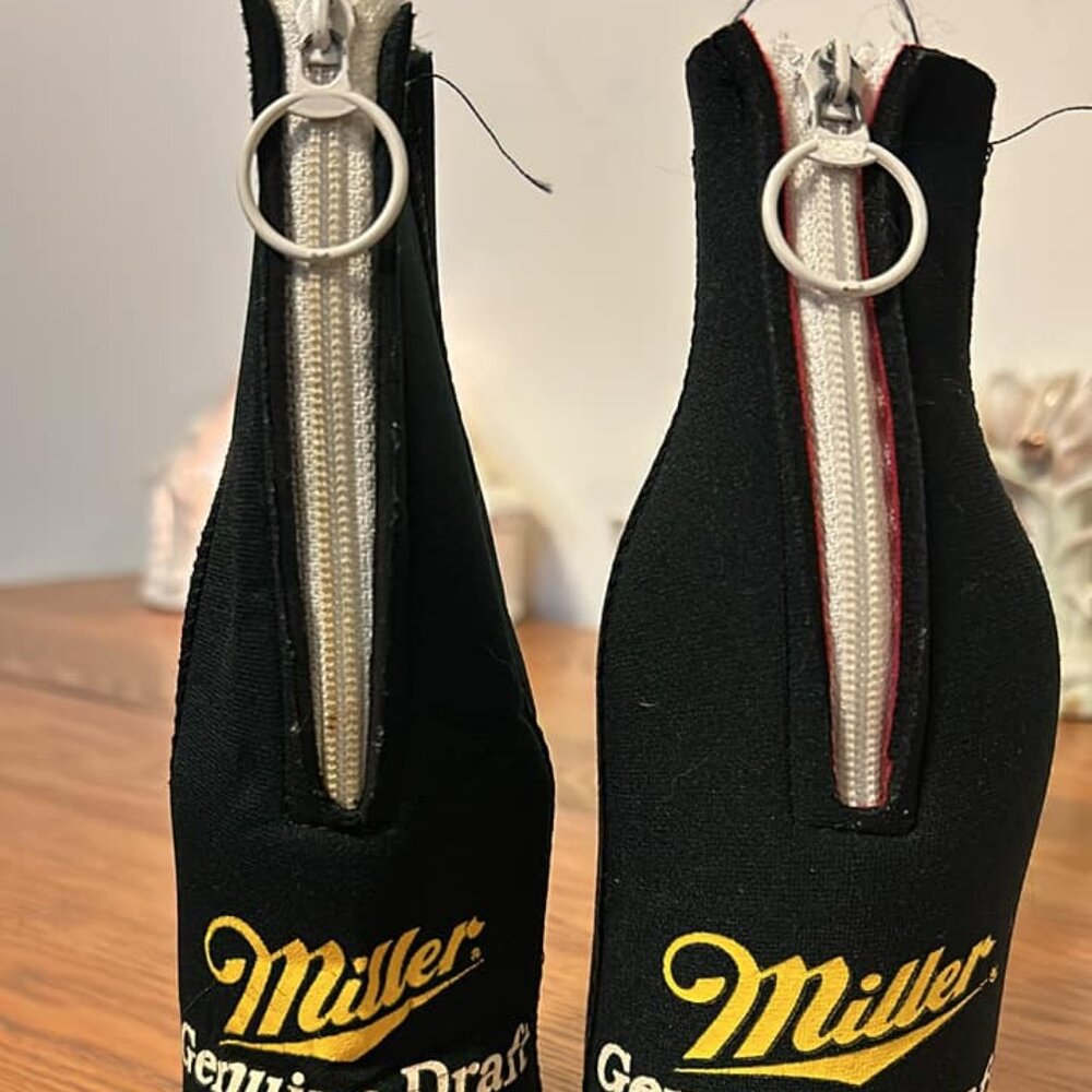 2 Vintage Miller Half Zip Bottle Koozies 1 MGD and 1 MGD Light Millet Genuine Dr